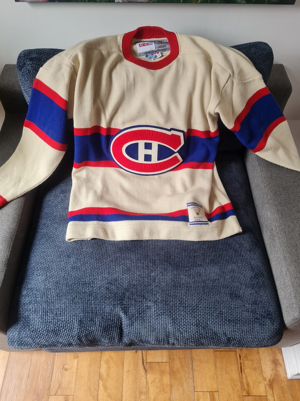 CCM Cream and Red Ribbed Neck Vintage Hockey Jersey